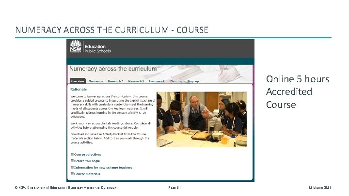 NUMERACY ACROSS THE CURRICULUM - COURSE Online 5 hours Accredited Course © NSW Department
