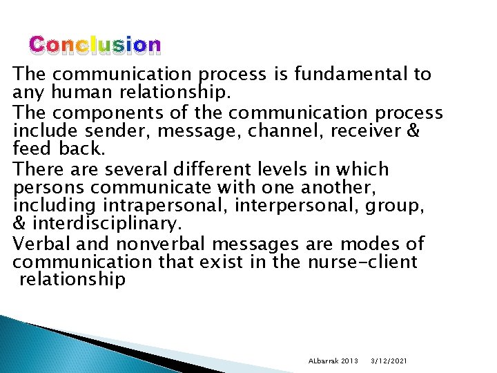Conclusion The communication process is fundamental to any human relationship. The components of the