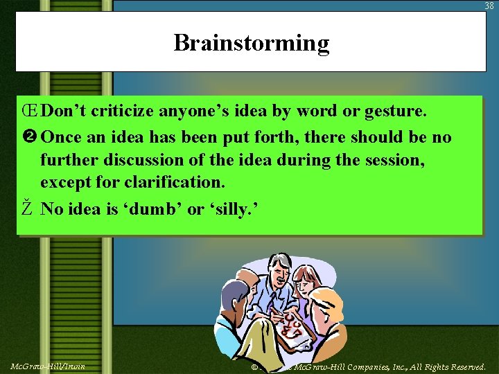 38 Brainstorming Œ Don’t criticize anyone’s idea by word or gesture. Once an idea