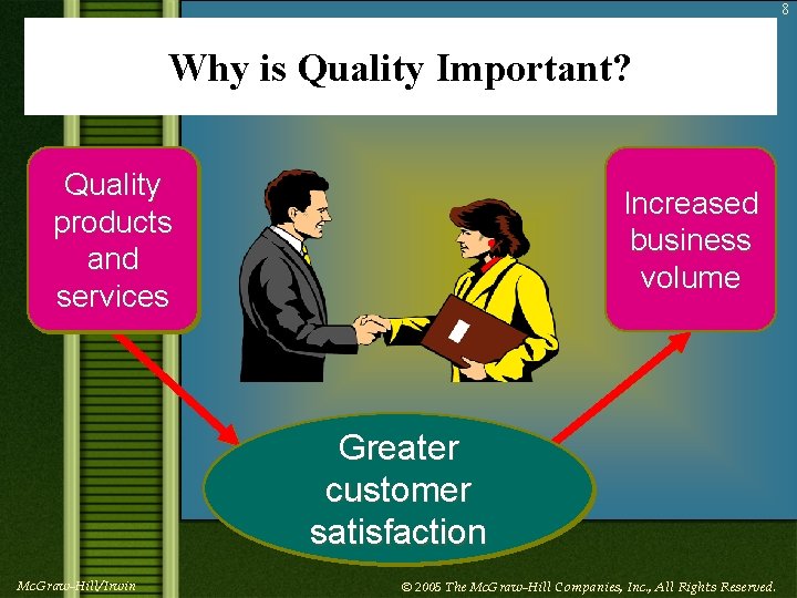 8 Why is Quality Important? Quality products and services Increased business volume Greater customer