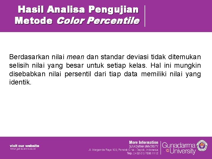 Hasil Analisa Pengujian Metode Color Percentile Berdasarkan nilai mean dan standar deviasi tidak ditemukan Hasil Analisa Pengujian Metode Color Percentile Berdasarkan nilai mean dan standar deviasi tidak ditemukan