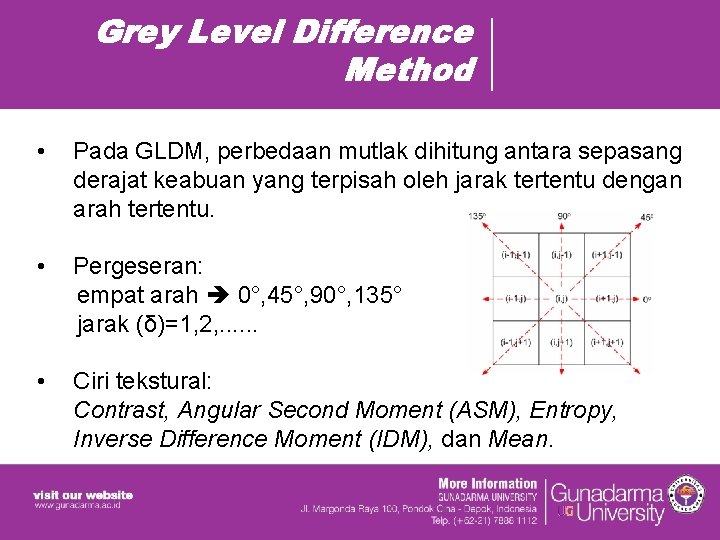 Grey Level Difference Method • Pada GLDM, perbedaan mutlak dihitung antara sepasang derajat keabuan Grey Level Difference Method • Pada GLDM, perbedaan mutlak dihitung antara sepasang derajat keabuan