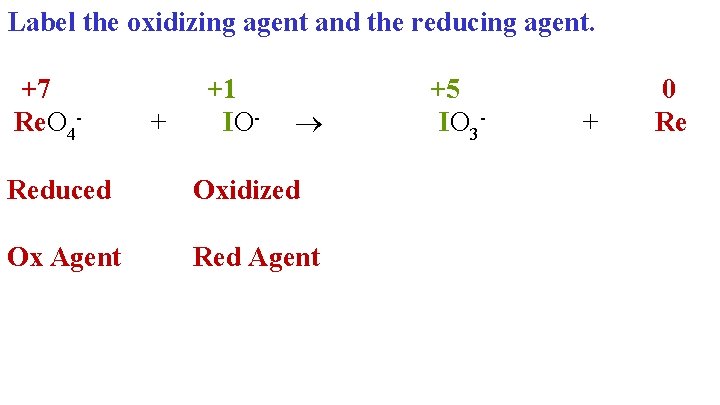 Label the oxidizing agent and the reducing agent. +7 +1 +5 Re. O 4+