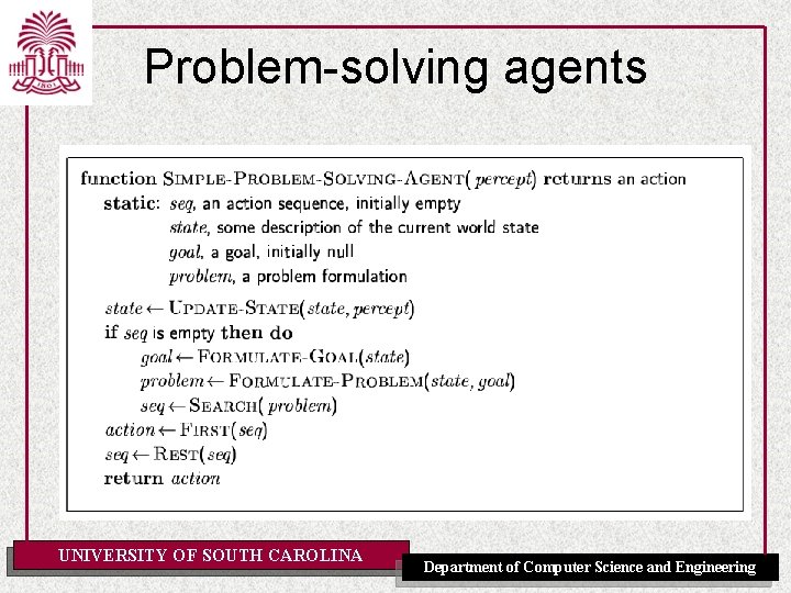Problem-solving agents UNIVERSITY OF SOUTH CAROLINA Department of Computer Science and Engineering Problem-solving agents UNIVERSITY OF SOUTH CAROLINA Department of Computer Science and Engineering
