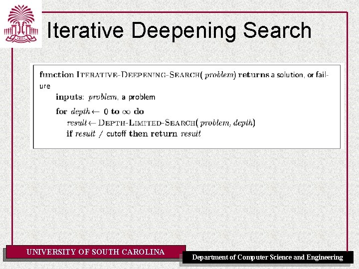 Iterative Deepening Search UNIVERSITY OF SOUTH CAROLINA Department of Computer Science and Engineering Iterative Deepening Search UNIVERSITY OF SOUTH CAROLINA Department of Computer Science and Engineering