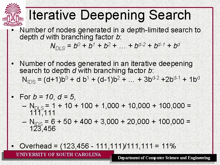 Iterative Deepening Search • Number of nodes generated in a depth-limited search to depth Iterative Deepening Search • Number of nodes generated in a depth-limited search to depth