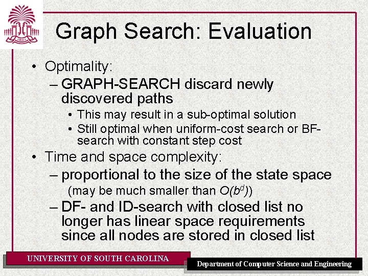 Graph Search: Evaluation • Optimality: – GRAPH-SEARCH discard newly discovered paths • This may