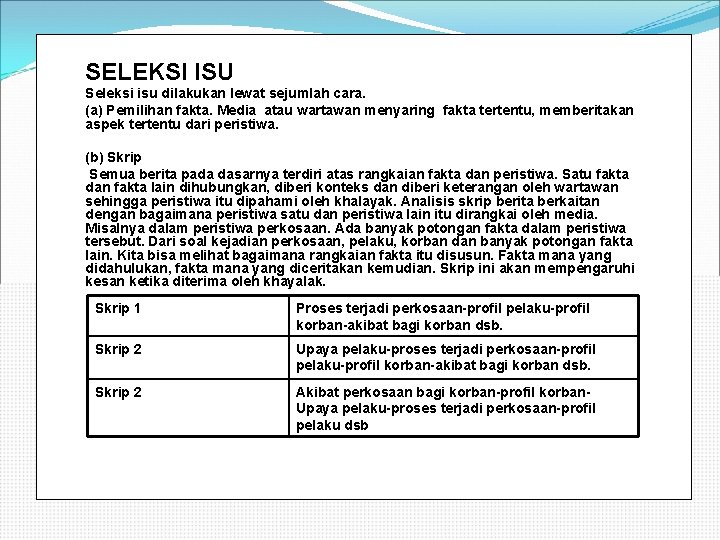 SELEKSI ISU Seleksi isu dilakukan lewat sejumlah cara. (a) Pemilihan fakta. Media atau wartawan