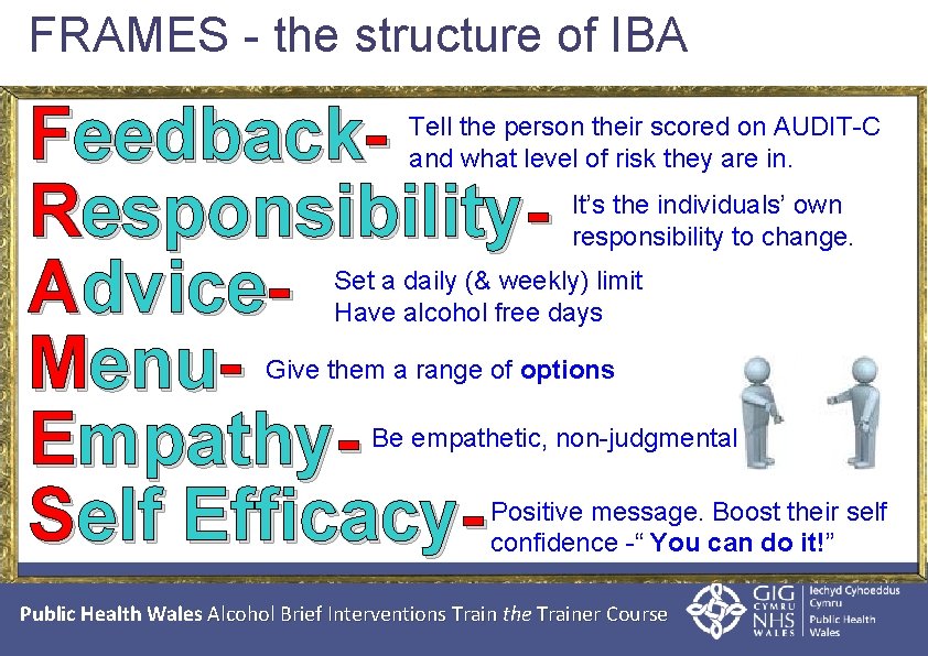 FRAMES - the structure of IBA Feedback. Responsibility. Advice. Menu. Empathy. Self Efficacy- Tell