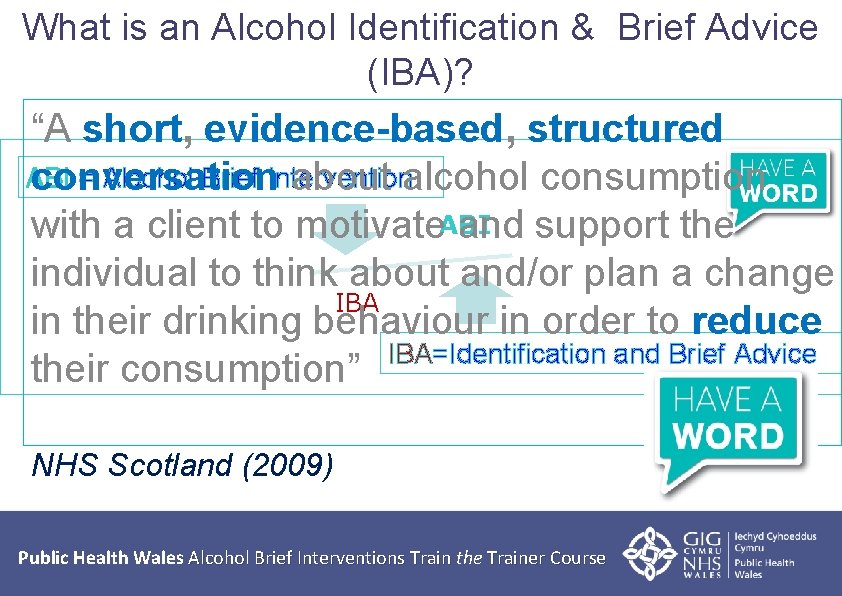 What is an Alcohol Identification & Brief Advice (IBA)? “A short, evidence-based, structured ABI