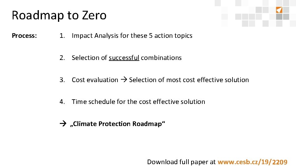 Roadmap to Zero Process: 1. Impact Analysis for these 5 action topics 2. Selection