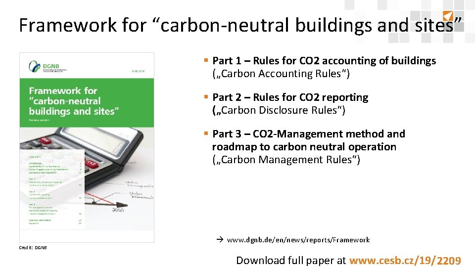 Framework for “carbon-neutral buildings and sites” § Part 1 – Rules for CO 2