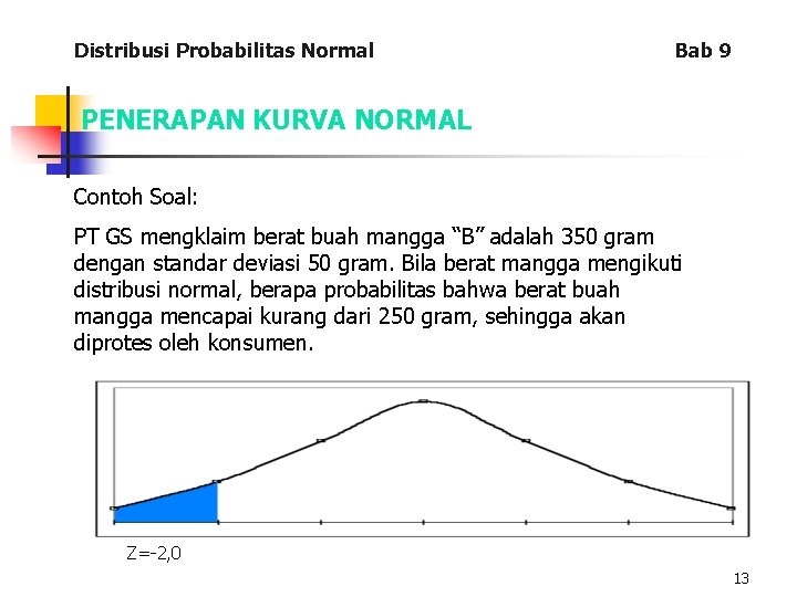 Distribusi Probabilitas Normal Bab 9 PENERAPAN KURVA NORMAL Contoh Soal: PT GS mengklaim berat