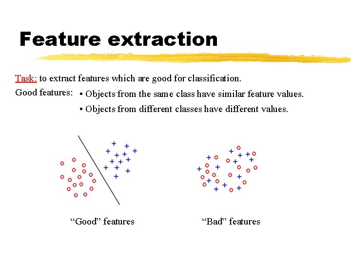 Feature extraction Task: to extract features which are good for classification. Good features: • Feature extraction Task: to extract features which are good for classification. Good features: •