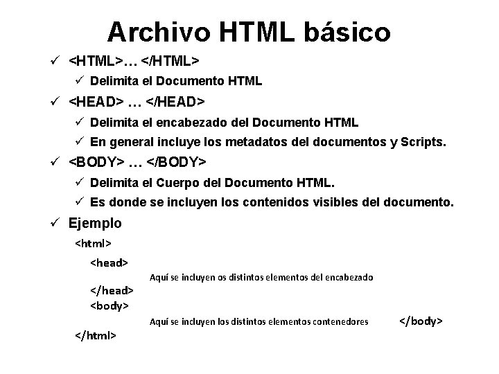 Archivo HTML básico ü <HTML>… </HTML> ü Delimita el Documento HTML ü <HEAD> …