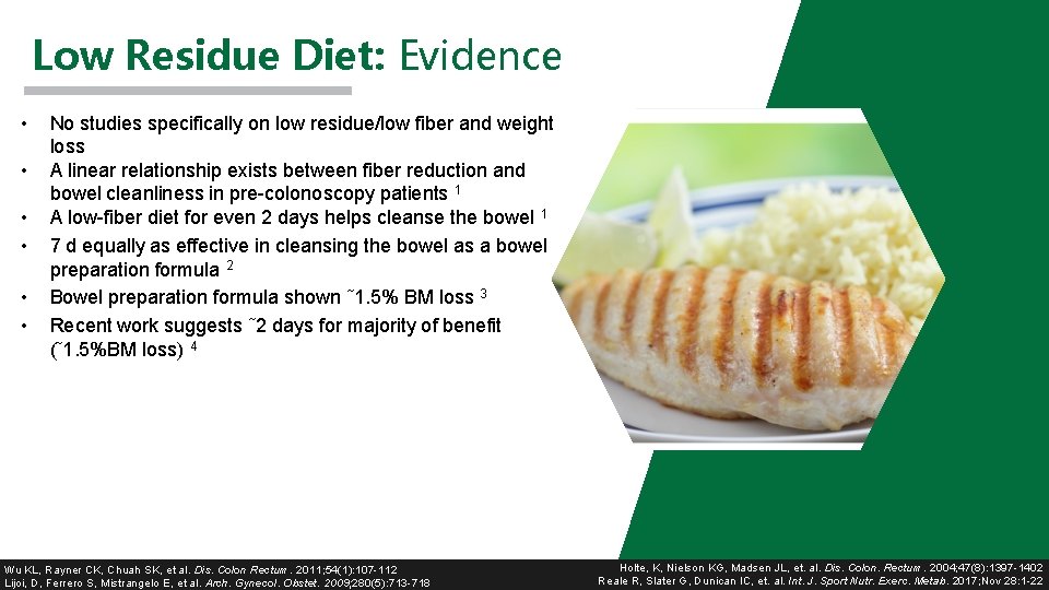 Low Residue Diet: Evidence • • • No studies specifically on low residue/low fiber Low Residue Diet: Evidence • • • No studies specifically on low residue/low fiber