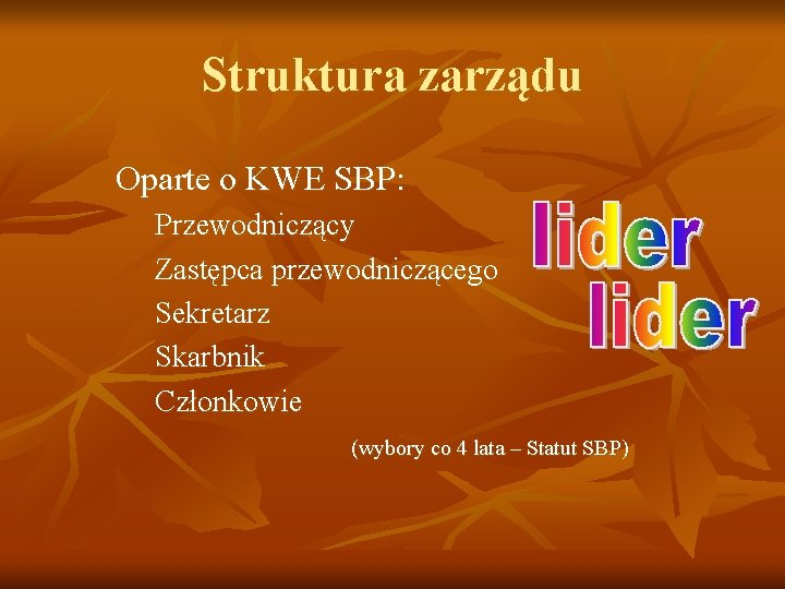 Struktura zarządu Oparte o KWE SBP: Przewodniczący Zastępca przewodniczącego Sekretarz Skarbnik Członkowie (wybory co