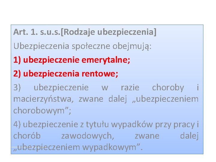 Art. 1. s. u. s. [Rodzaje ubezpieczenia] Ubezpieczenia społeczne obejmują: 1) ubezpieczenie emerytalne; 2)