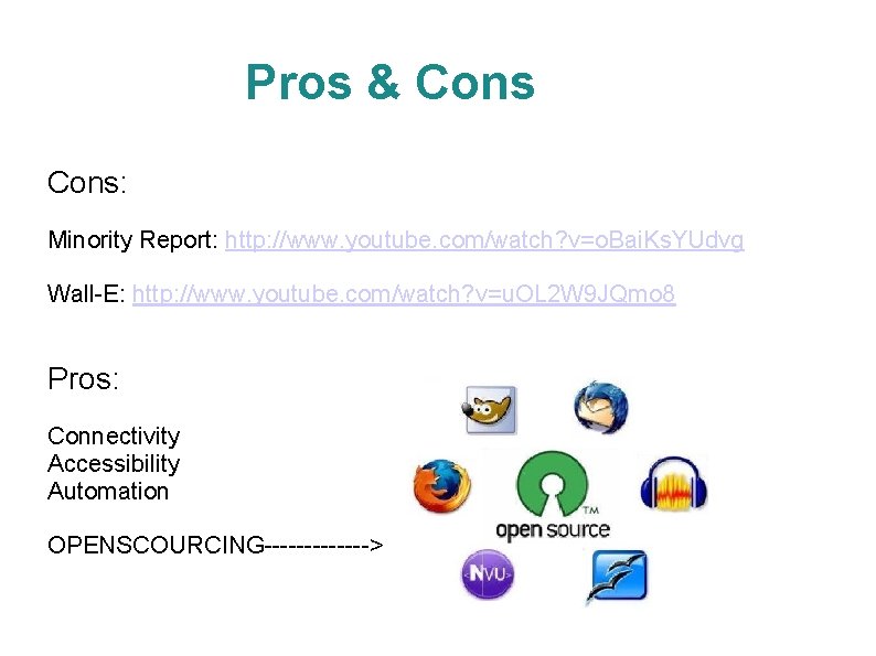 Pros & Cons: Minority Report: http: //www. youtube. com/watch? v=o. Bai. Ks. YUdvg Wall-E: