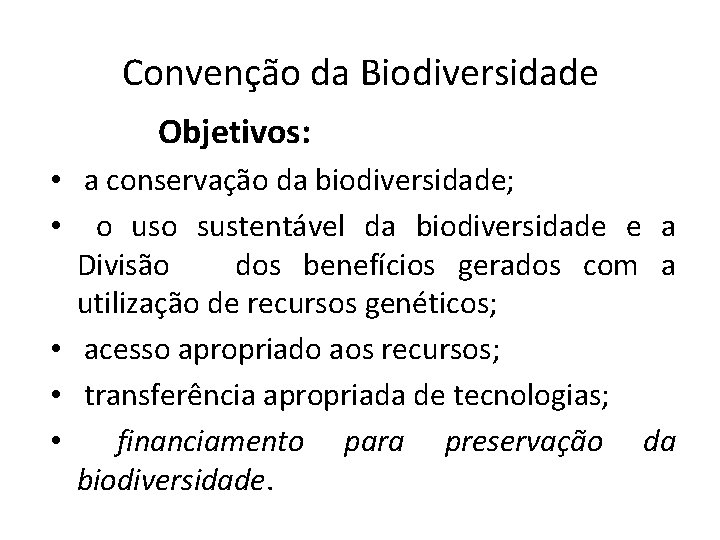 Convenção da Biodiversidade Objetivos: • a conservação da biodiversidade; • o uso sustentável da