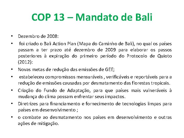 COP 13 – Mandato de Bali • Dezembro de 2008: • foi criado o