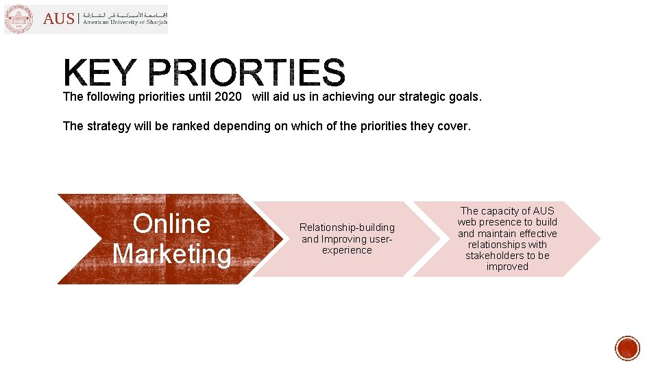 The following priorities until 2020 will aid us in achieving our strategic goals. The The following priorities until 2020 will aid us in achieving our strategic goals. The
