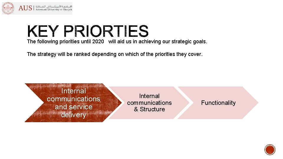The following priorities until 2020 will aid us in achieving our strategic goals. The The following priorities until 2020 will aid us in achieving our strategic goals. The