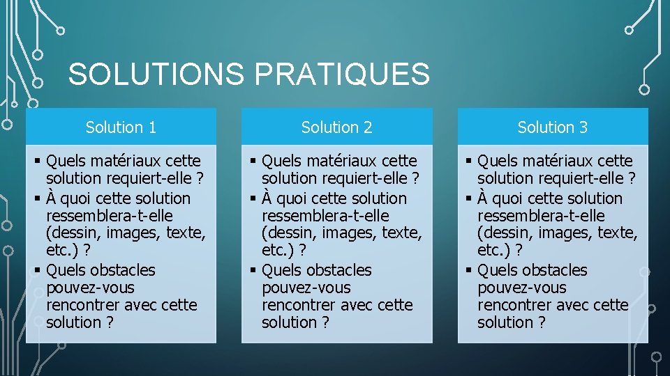 SOLUTIONS PRATIQUES Solution 1 Solution 2 Solution 3 Quels matériaux cette solution requiert-elle ? SOLUTIONS PRATIQUES Solution 1 Solution 2 Solution 3 Quels matériaux cette solution requiert-elle ?
