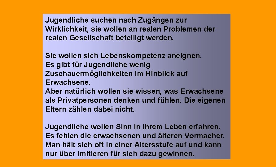 Jugendliche suchen nach Zugängen zur Wirklichkeit, sie wollen an realen Problemen der realen Gesellschaft