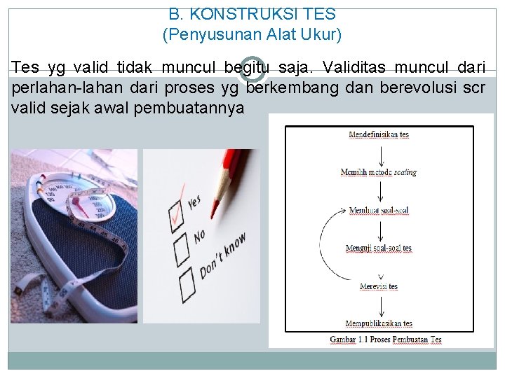 B. KONSTRUKSI TES (Penyusunan Alat Ukur) Tes yg valid tidak muncul begitu saja. Validitas