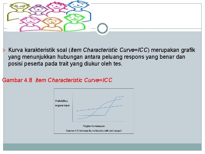 Ø Kurva karakteristik soal (item Characteristic Curve=ICC) merupakan grafik yang menunjukkan hubungan antara peluang