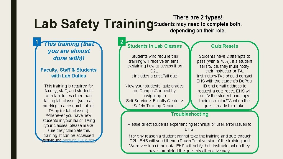 There are 2 types! Lab Safety Training. Students may need to complete both, depending
