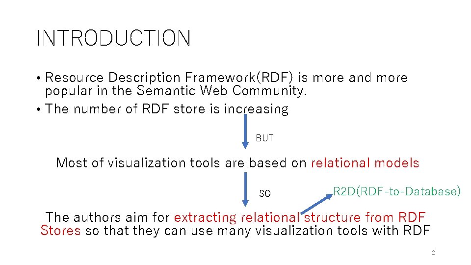 INTRODUCTION • Resource Description Framework(RDF) is more and more popular in the Semantic Web INTRODUCTION • Resource Description Framework(RDF) is more and more popular in the Semantic Web