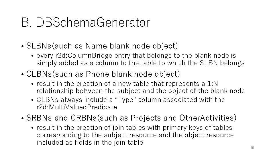 B. DBSchema. Generator • SLBNs(such as Name blank node object) • every r 2 B. DBSchema. Generator • SLBNs(such as Name blank node object) • every r 2