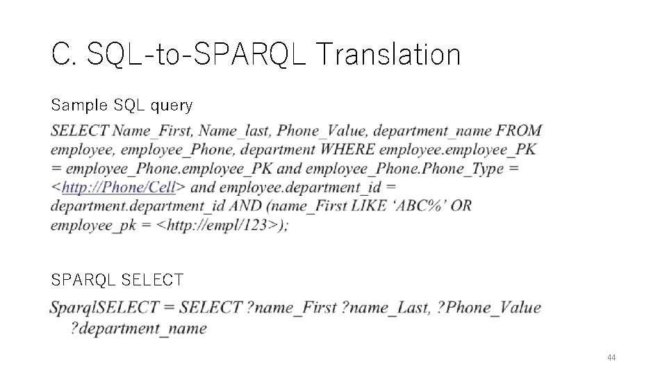 C. SQL-to-SPARQL Translation Sample SQL query SPARQL SELECT 44 C. SQL-to-SPARQL Translation Sample SQL query SPARQL SELECT 44