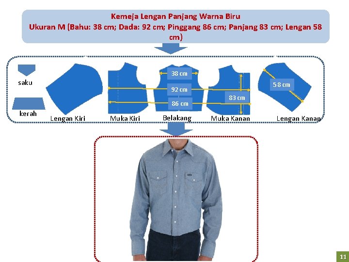 Kemeja Lengan Panjang Warna Biru Ukuran M (Bahu: 38 cm; Dada: 92 cm; Pinggang