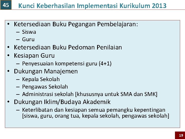 45 Kunci Keberhasilan Implementasi Kurikulum 2013 • Ketersediaan Buku Pegangan Pembelajaran: – Siswa –