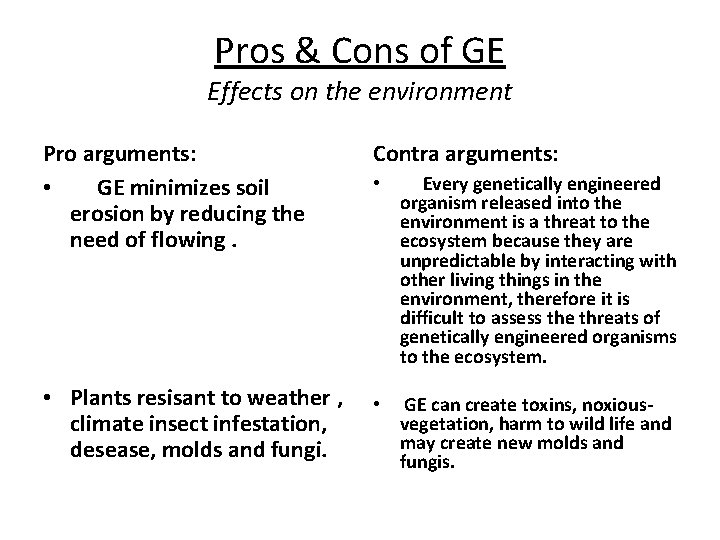 Pros & Cons of GE Effects on the environment Pro arguments: • GE minimizes