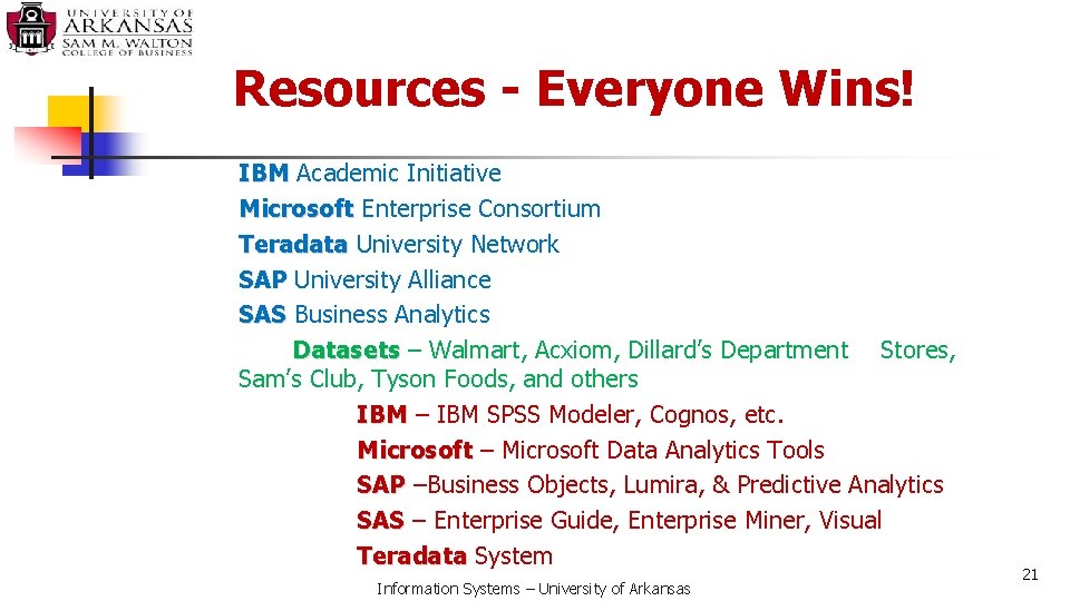 Resources - Everyone Wins! IBM Academic Initiative Microsoft Enterprise Consortium Teradata University Network SAP Resources - Everyone Wins! IBM Academic Initiative Microsoft Enterprise Consortium Teradata University Network SAP