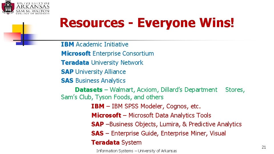 Resources - Everyone Wins! IBM Academic Initiative Microsoft Enterprise Consortium Teradata University Network SAP