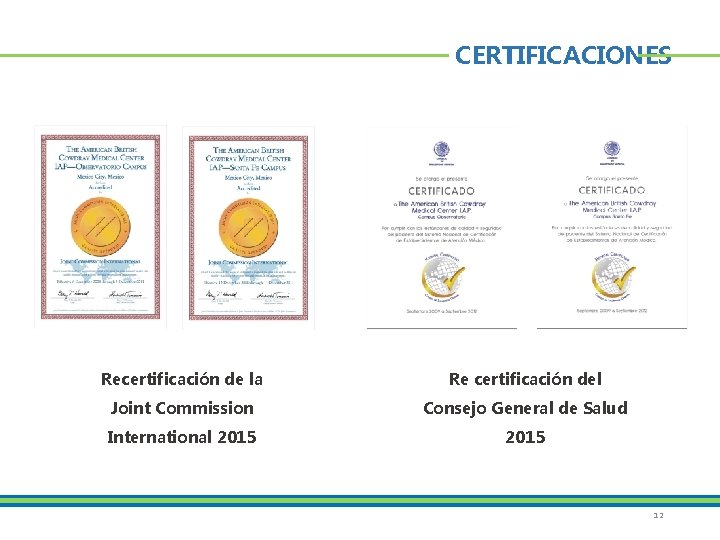 CERTIFICACIONES Recertificación de la Re certificación del Joint Commission Consejo General de Salud International