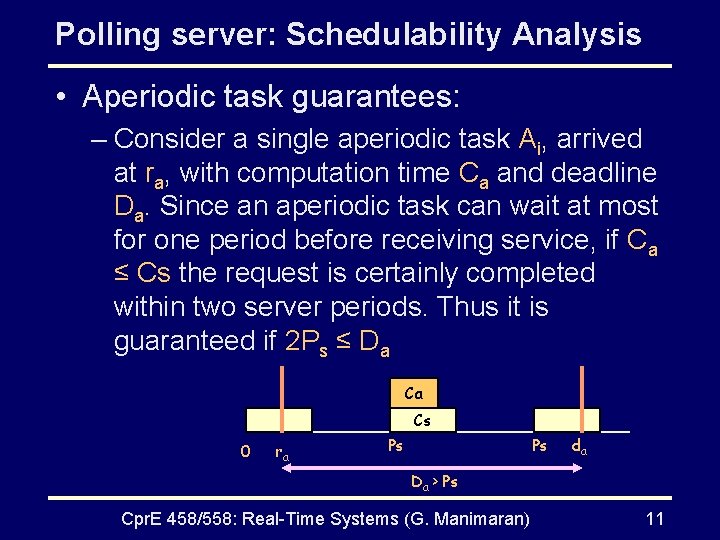 Polling server: Schedulability Analysis • Aperiodic task guarantees: – Consider a single aperiodic task