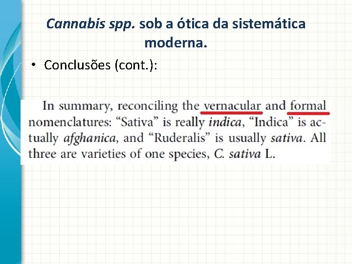 Cannabis spp. sob a ótica da sistemática moderna. • Conclusões (cont. ): 