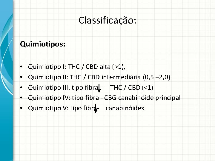 Classificação: Quimiotipos: • • • Quimiotipo I: THC / CBD alta (>1), Quimiotipo II: