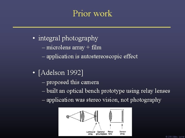 Prior work • integral photography – microlens array + film – application is autostereoscopic Prior work • integral photography – microlens array + film – application is autostereoscopic