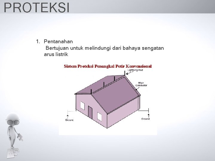 PROTEKSI 1. Pentanahan Bertujuan untuk melindungi dari bahaya sengatan arus listrik 