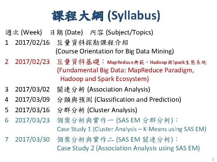 課程大綱 (Syllabus) 週次 (Week) 日期 (Date) 內容 (Subject/Topics) 1 2017/02/16 巨量資料探勘課程介紹 (Course Orientation for