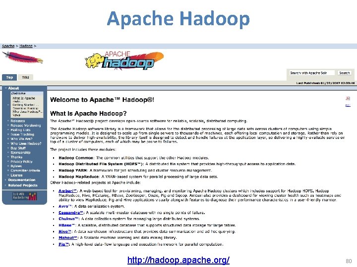 Apache Hadoop http: //hadoop. apache. org/ 80 