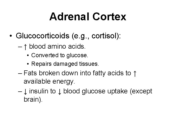 Adrenal Cortex • Glucocorticoids (e. g. , cortisol): – ↑ blood amino acids. •