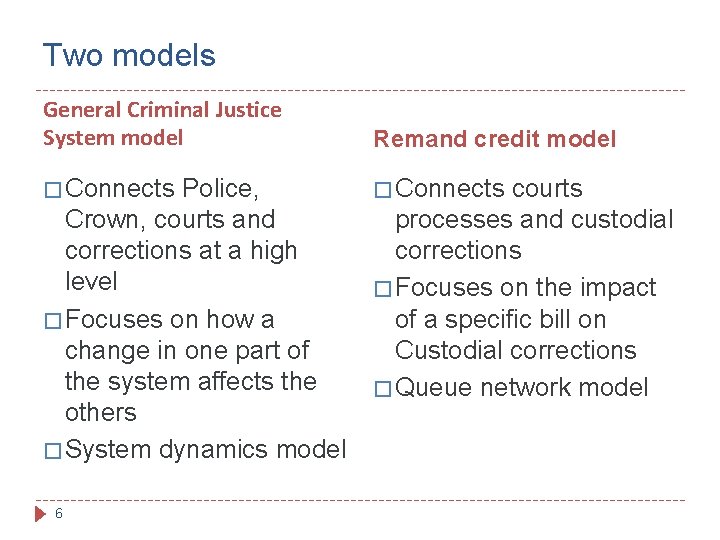 Two models General Criminal Justice System model Remand credit model � Connects Police, Crown,